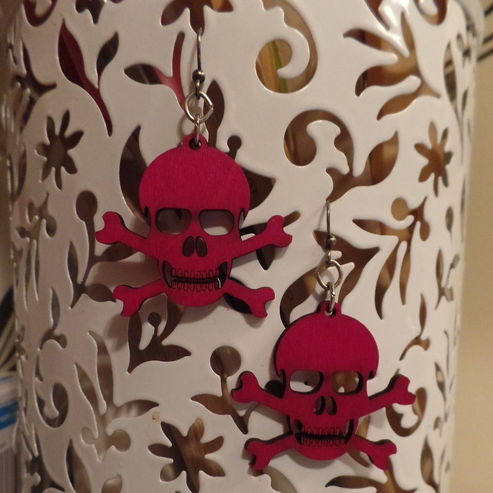 Pink wooden skull earrings